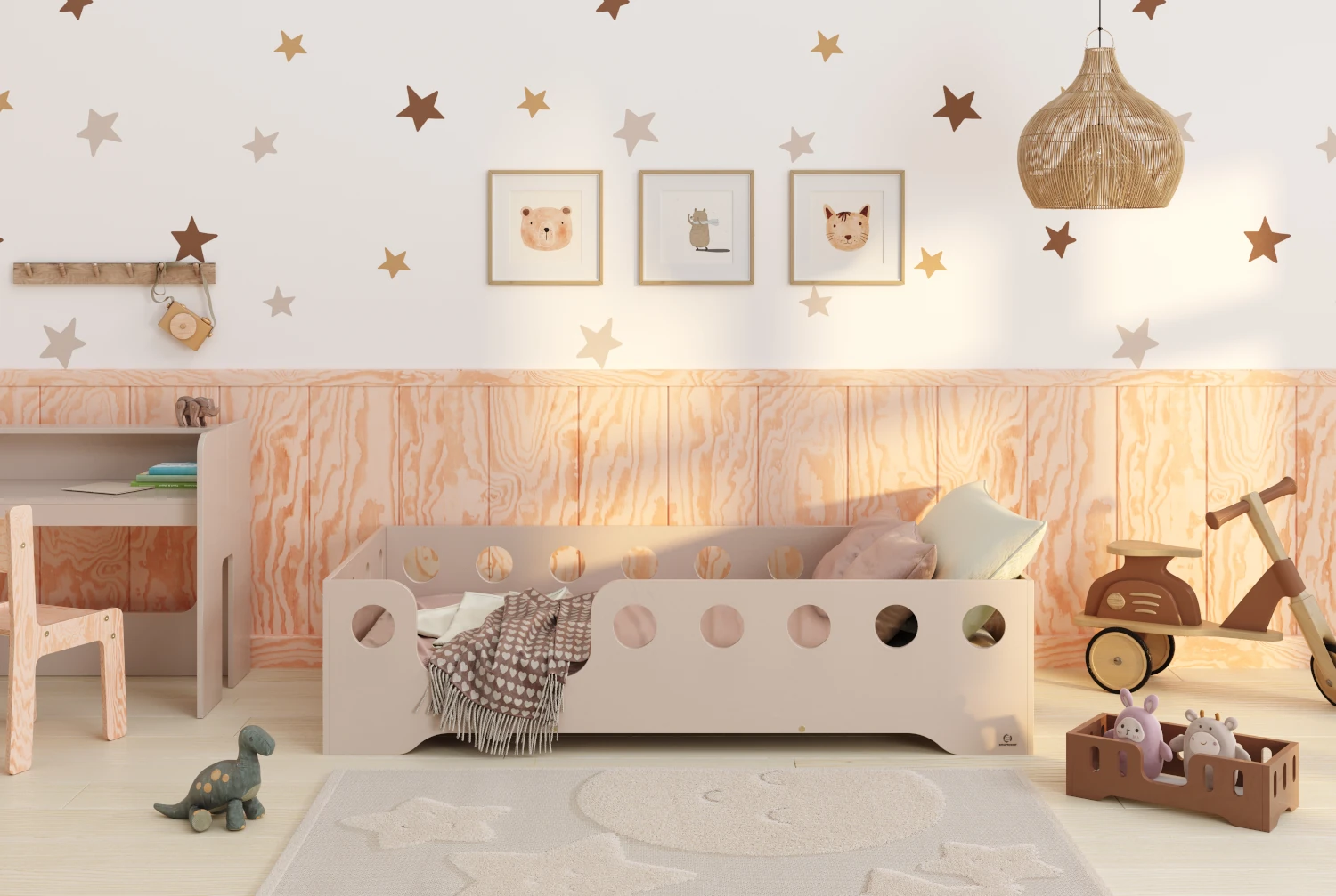 Łóżko pojedyncze dla dzieci z barierką i stelażem TILA 2 Montessori Drewniane